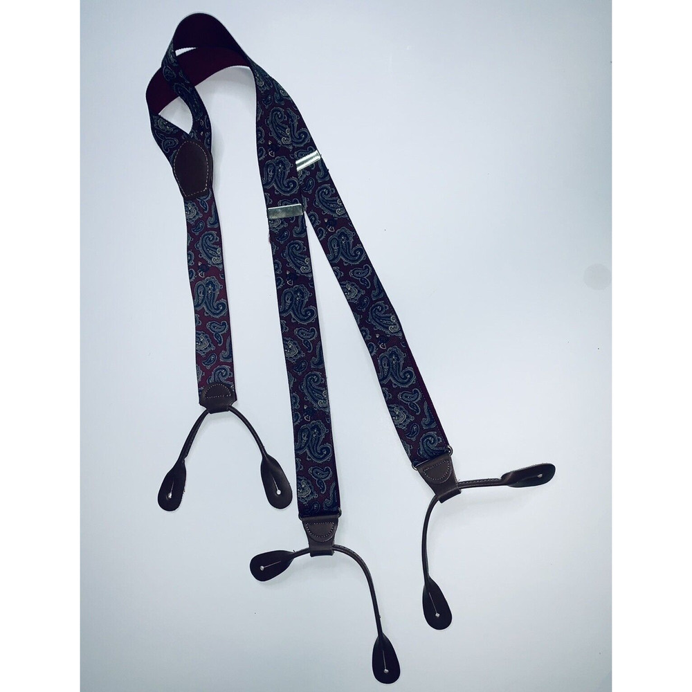 Vtg CAS W Germany Maroon Paisley Leather Braces Button Suspenders Unworn